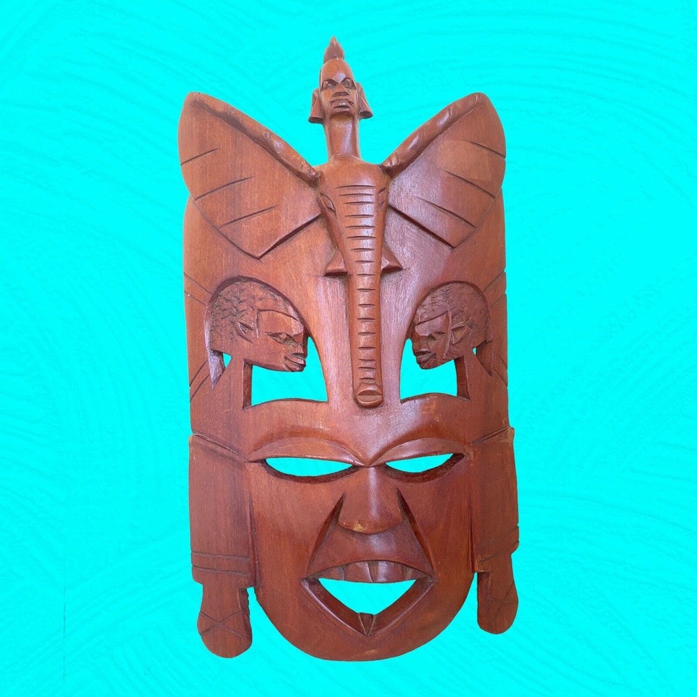 African Wooden Hand Carved Mask Humans And Elephant Carvings 16” Vtg